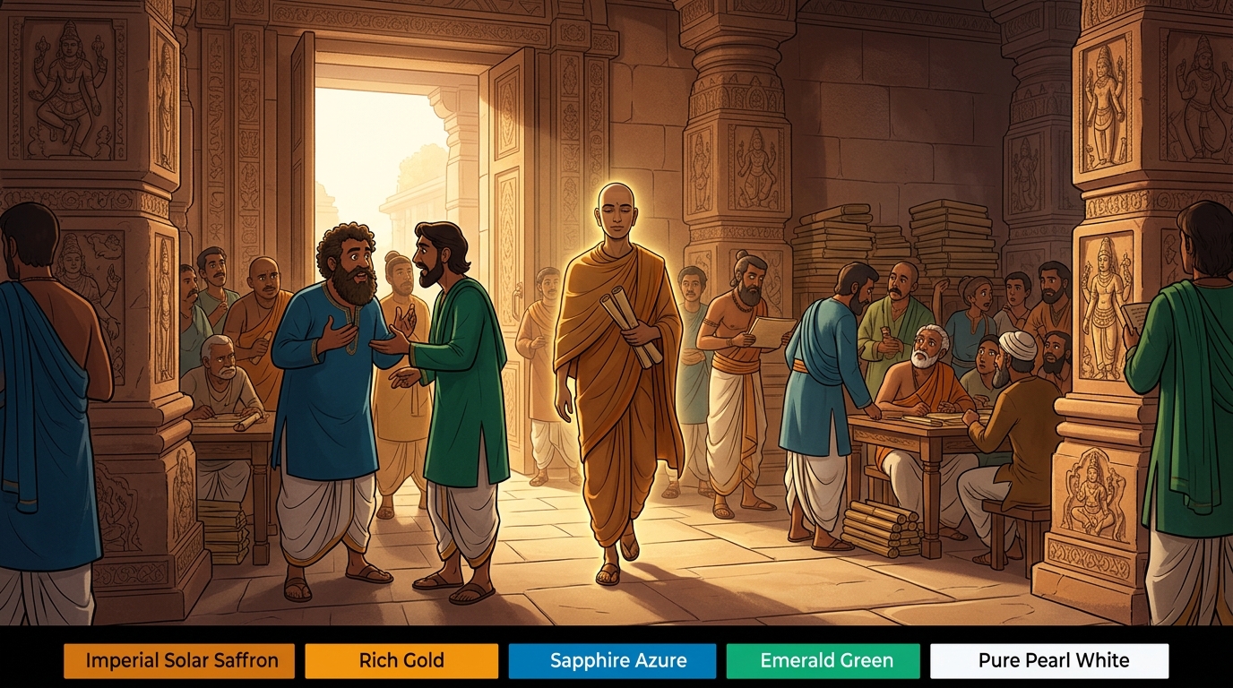 The silent sage enters the grand hall, his presence calm and radiant