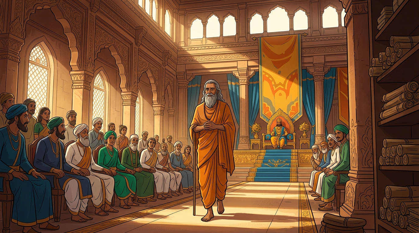 Sage Jnana-Shila walks calmly to the royal dais without uttering a single word