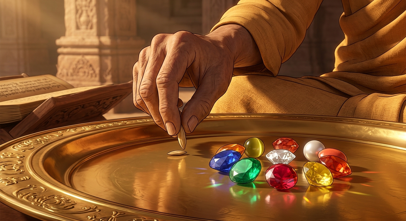 The sage gently places a single pure unhusked grain of sacred rice on the golden tray