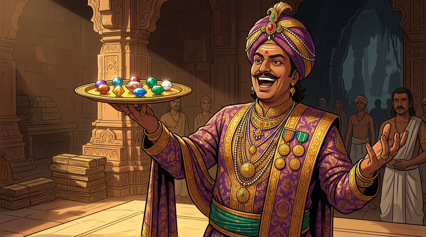 Scholar Vidyanidhi laughs arrogantly: 'What worth is a single grain before nine imperial gems?!'