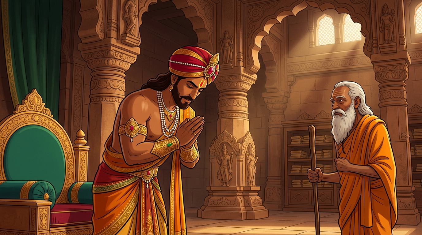Vikramaditya stands up from his throne, bowing his crowned head in profound respect
