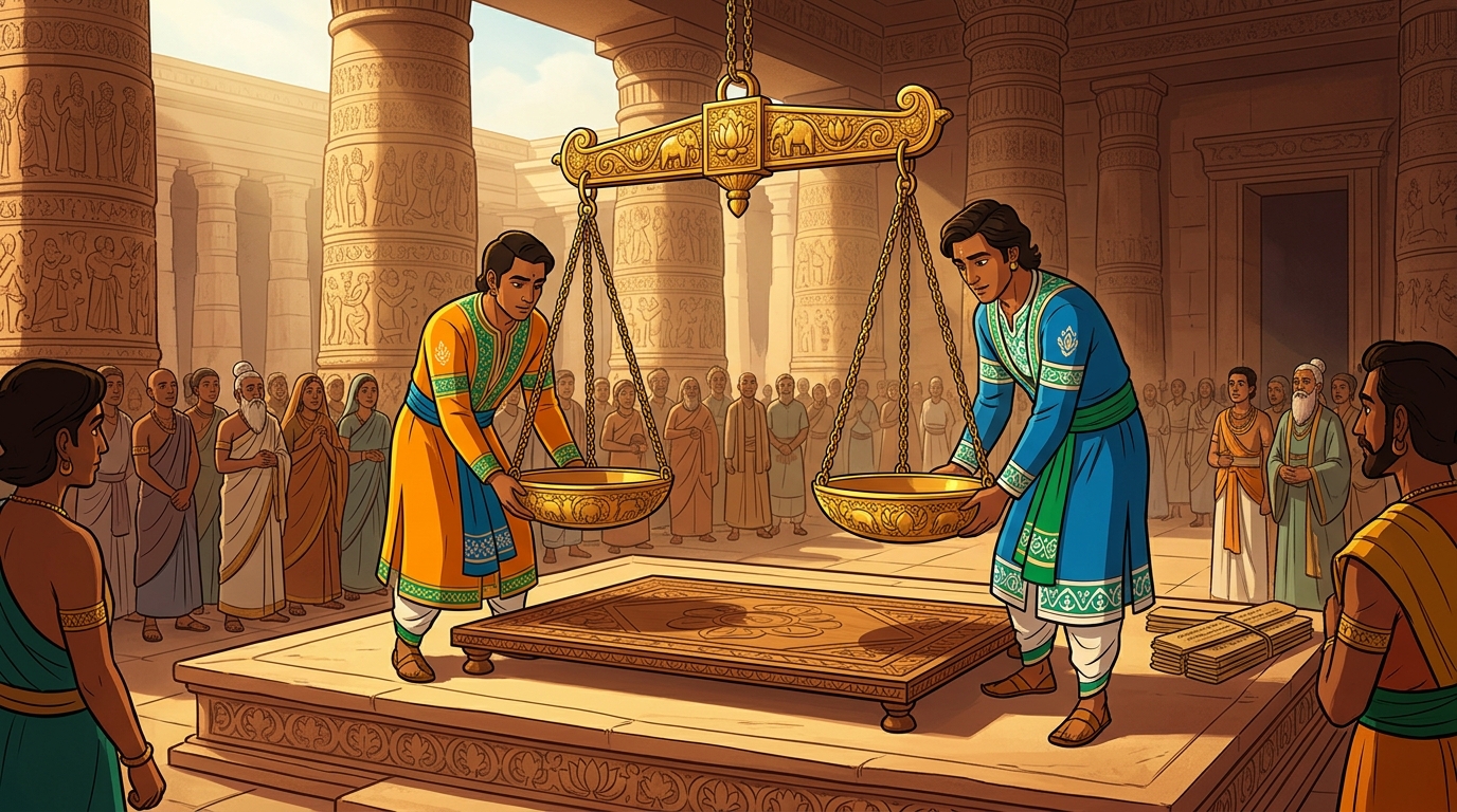 Royal attendants bring a large golden judicial scale and place it in the center of the dais