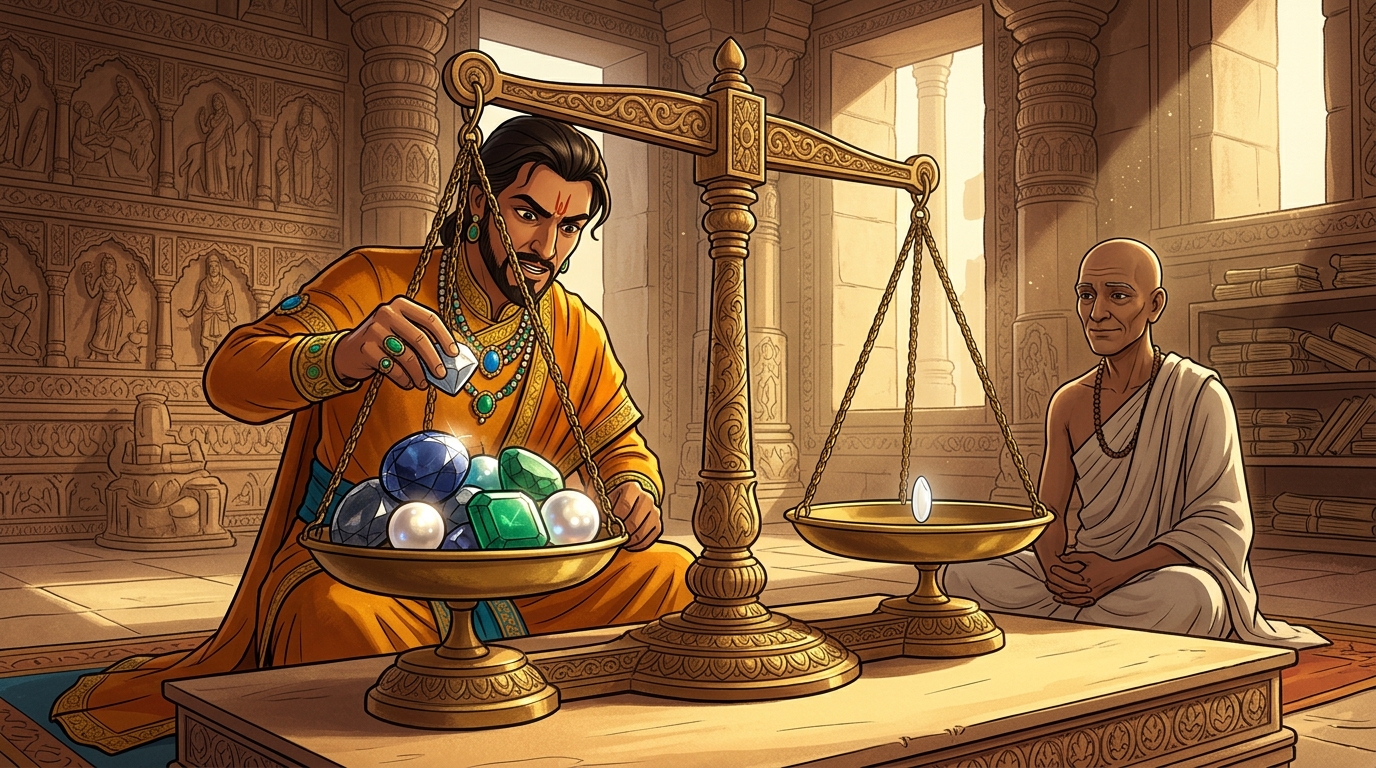 The Emperor places the nine gems on one pan, and the hermit's single grain of rice on the opposite pan