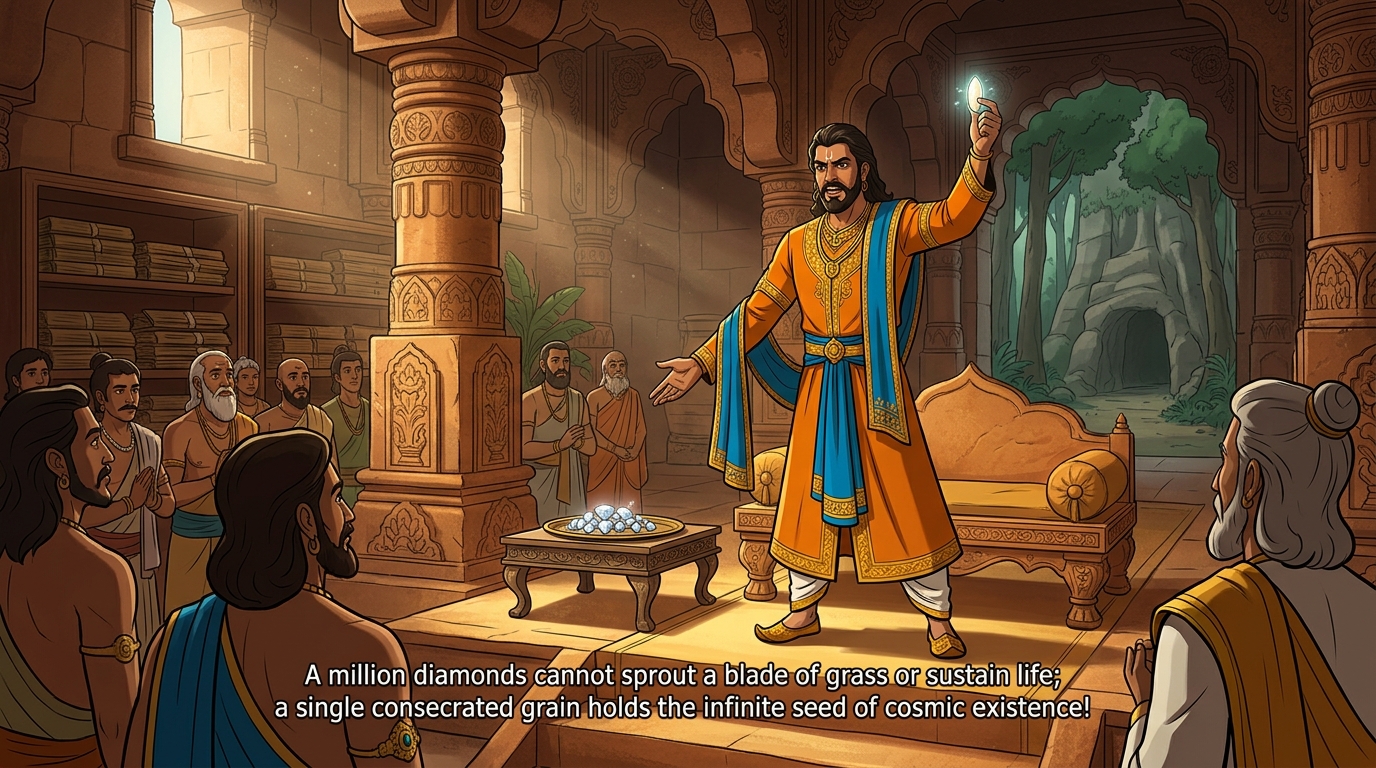 Vikramaditya proclaims: 'A million diamonds cannot sprout a blade of grass; a single grain holds cosmic life!'