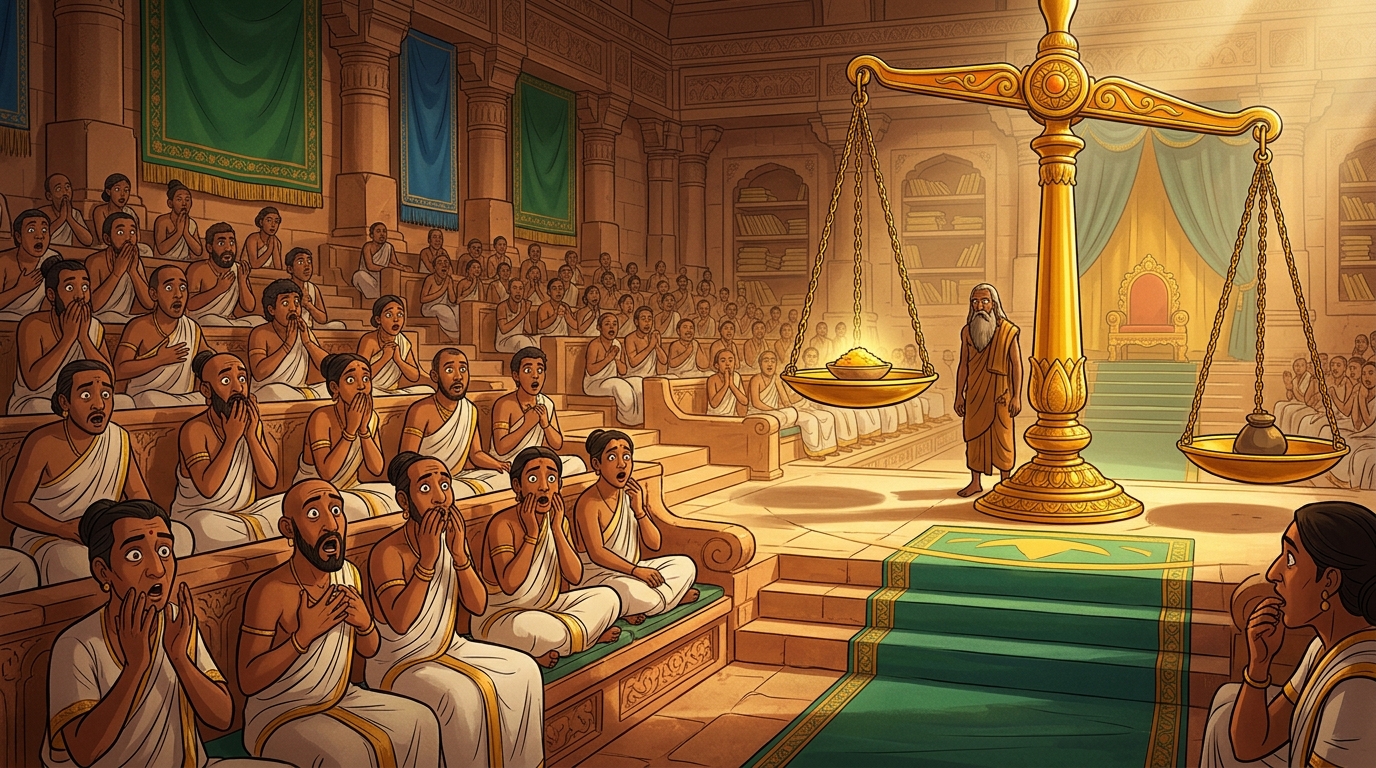 The five hundred scholars gasp in breathless shock as the scale reveals the spiritual weight