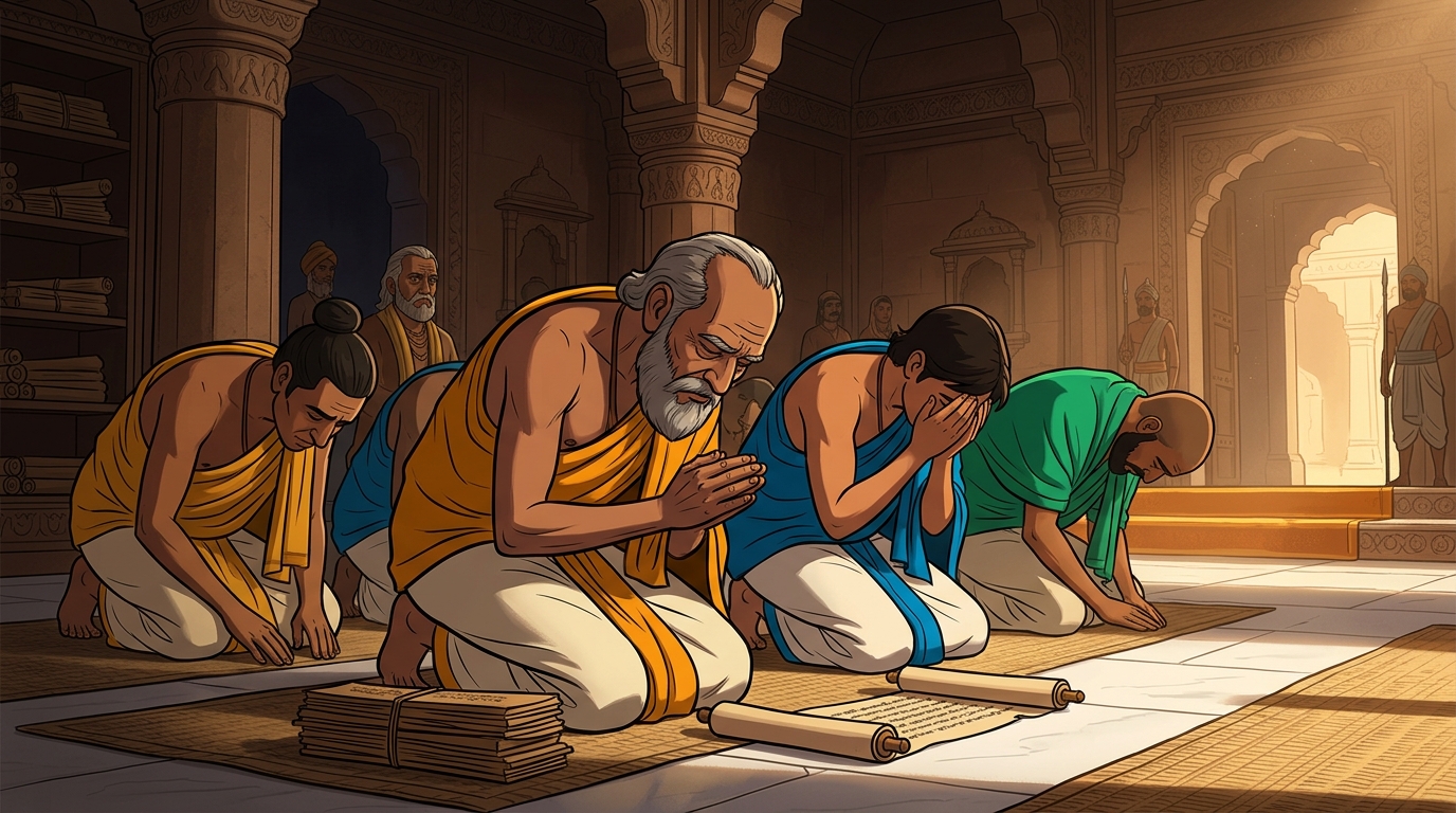 Proud scholars bow their heads in deep humility, realizing the folly of intellectual arrogance