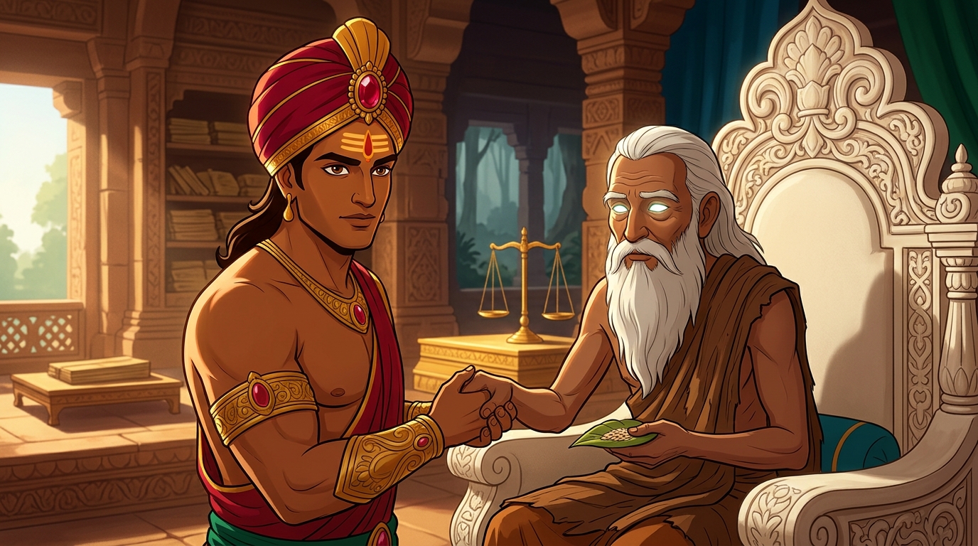Vikramaditya takes Sage Jnana-Shila by the hand, seating him on the supreme ivory throne