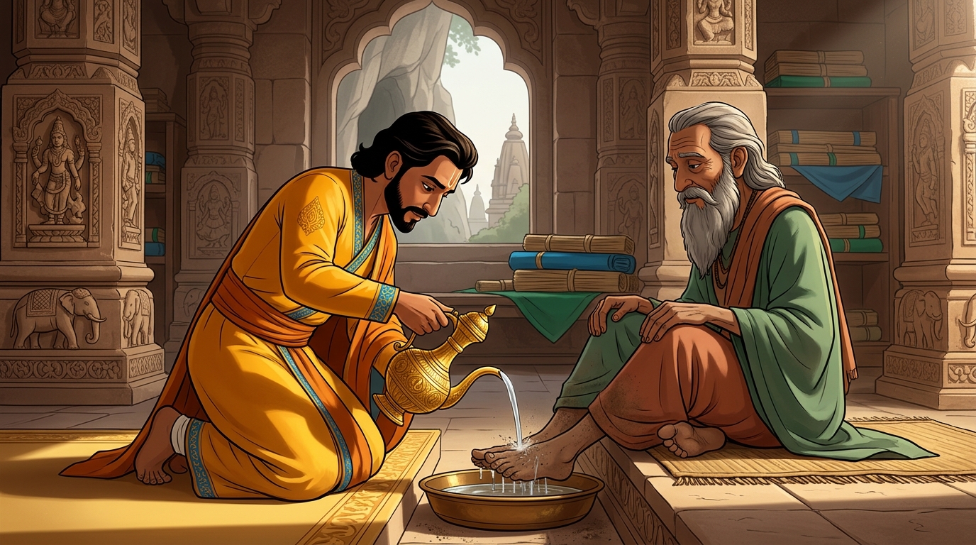 In ultimate humility, the Emperor washes the dust from the hermit's feet with sacred Ganga water