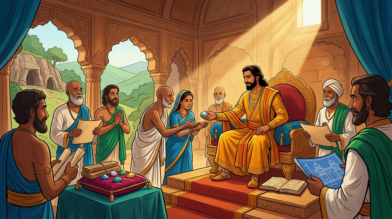 Vikramaditya distributes the nine gems to build free libraries, gurukuls, and public granaries