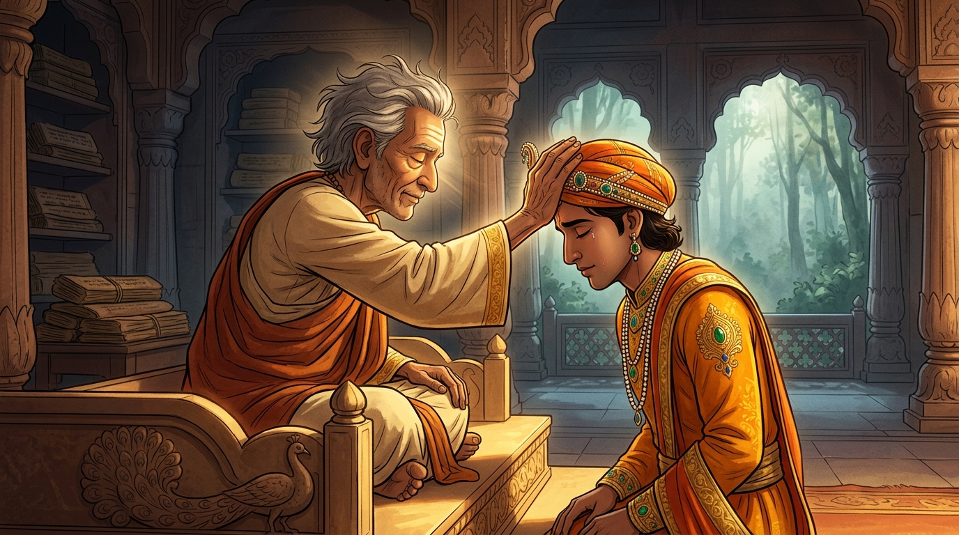 Sage Jnana-Shila places his hand on the Emperor's forehead, radiating divine grace