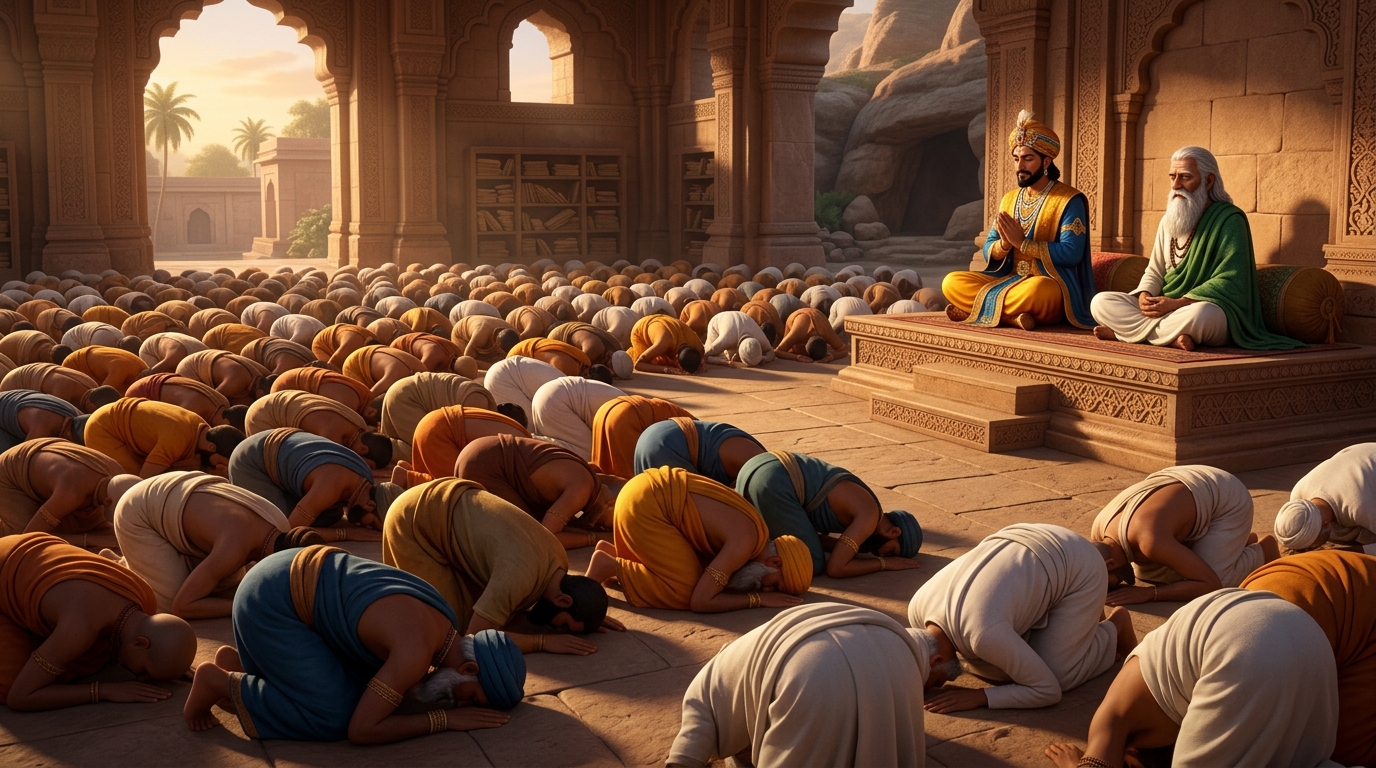 The entire assembly of five hundred scholars prostrates before the hermit and the Emperor