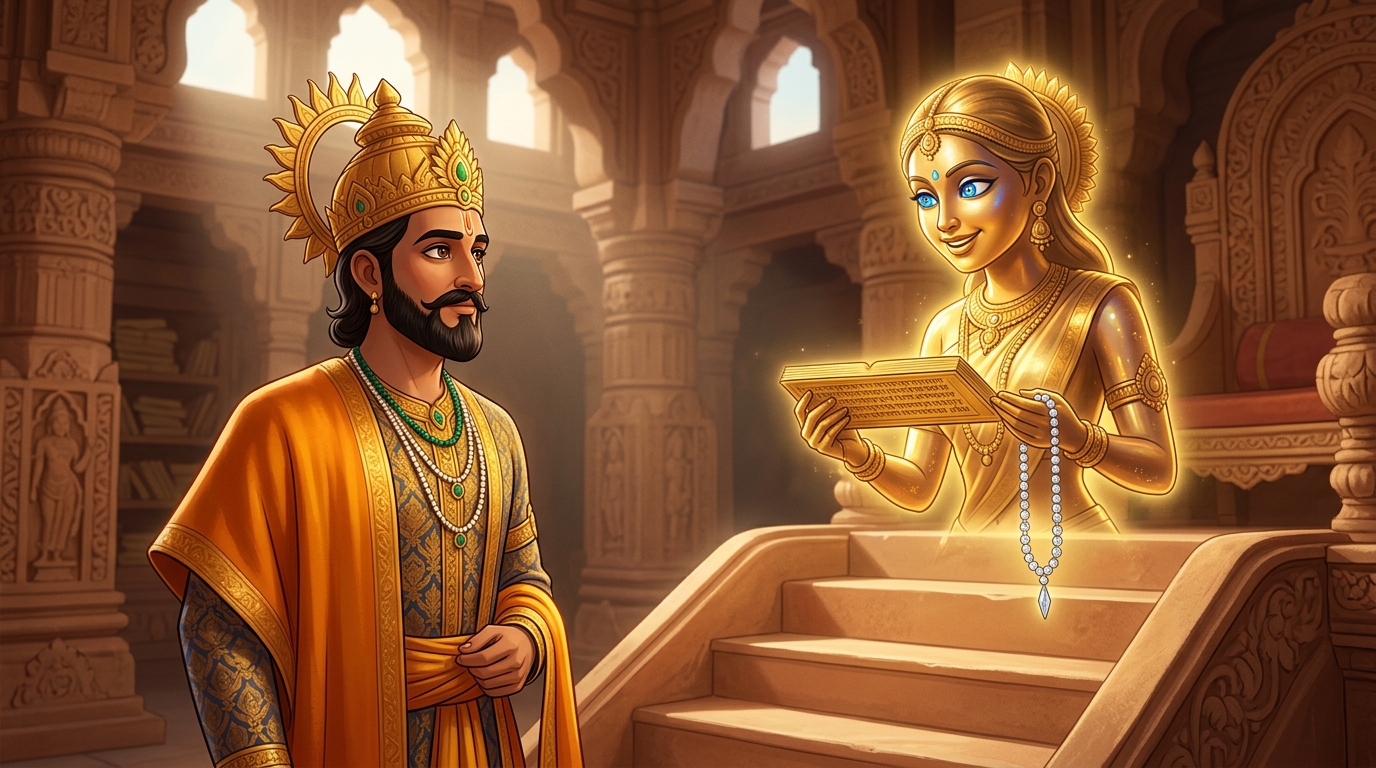 Back in Dharanagari palace, Vidyavati looks directly at King Bhoja with sapphire-azure eyes