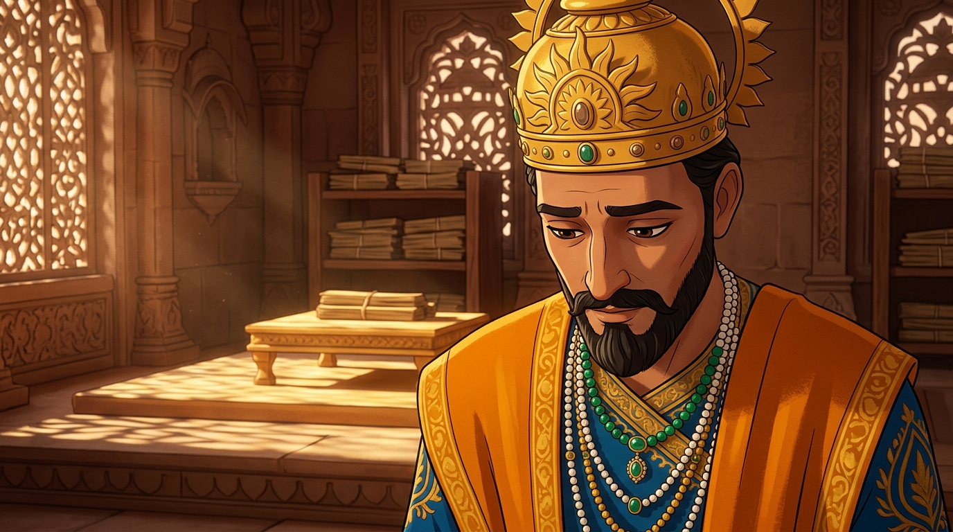 King Bhoja lowers his head in deep humility and introspection, acknowledging Vikramaditya's discernment