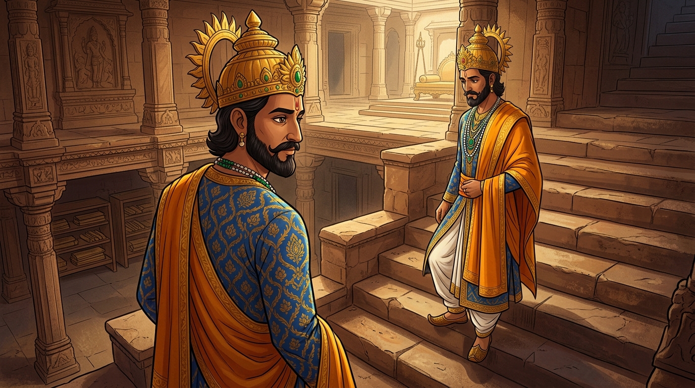 King Bhoja steps down from the seventeenth step, ordering rural gurukul endowments established