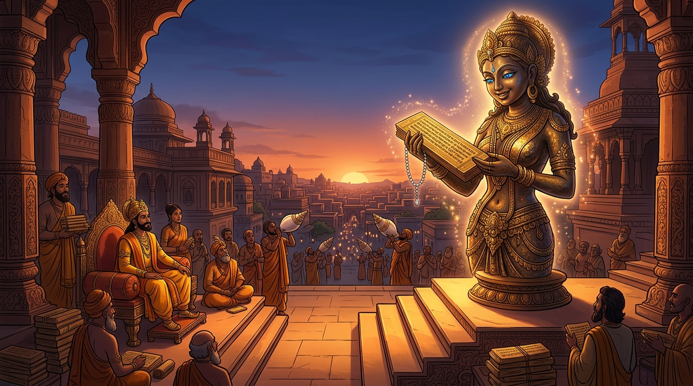 Twilight conches echo across Dharanagari as Vidyavati smiles and freezes back into silent bronze