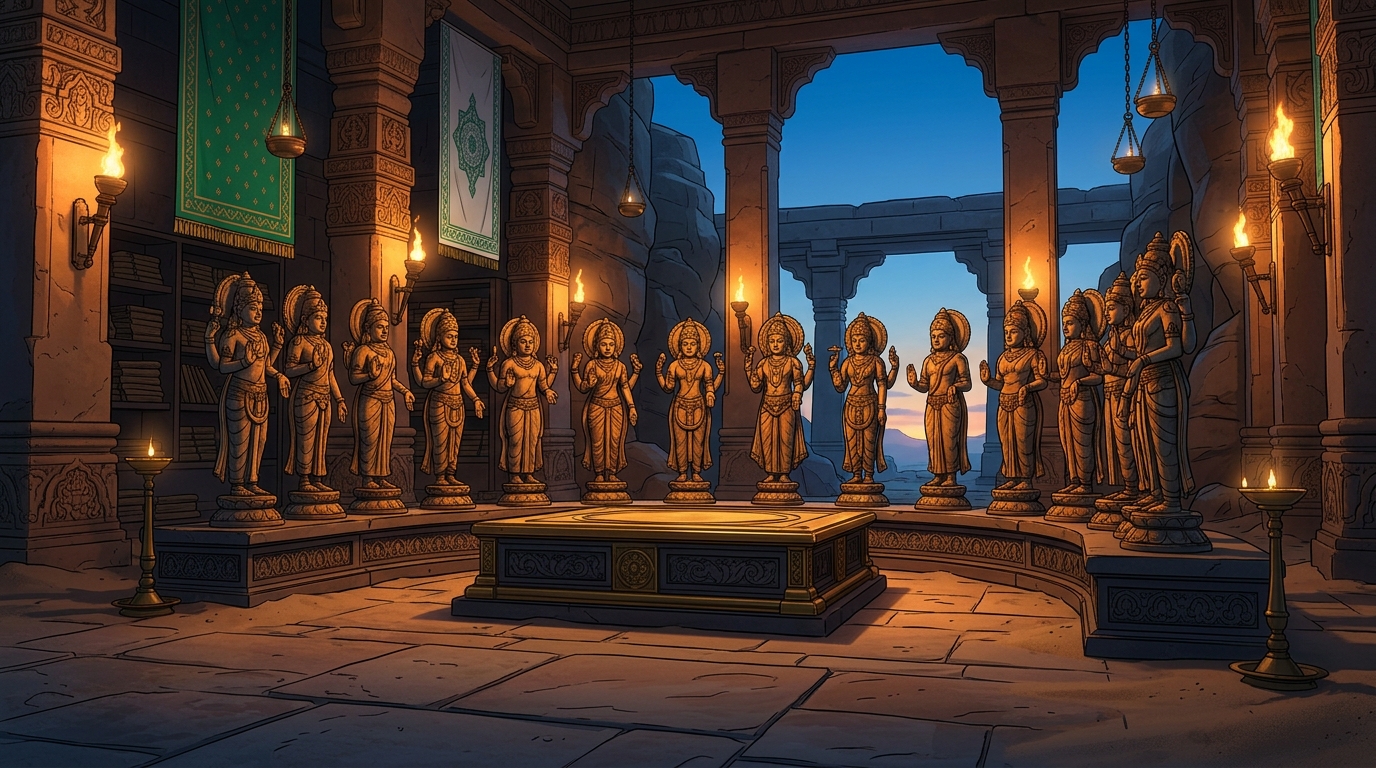 The remaining fifteen celestial statues gleam in the evening torchlight