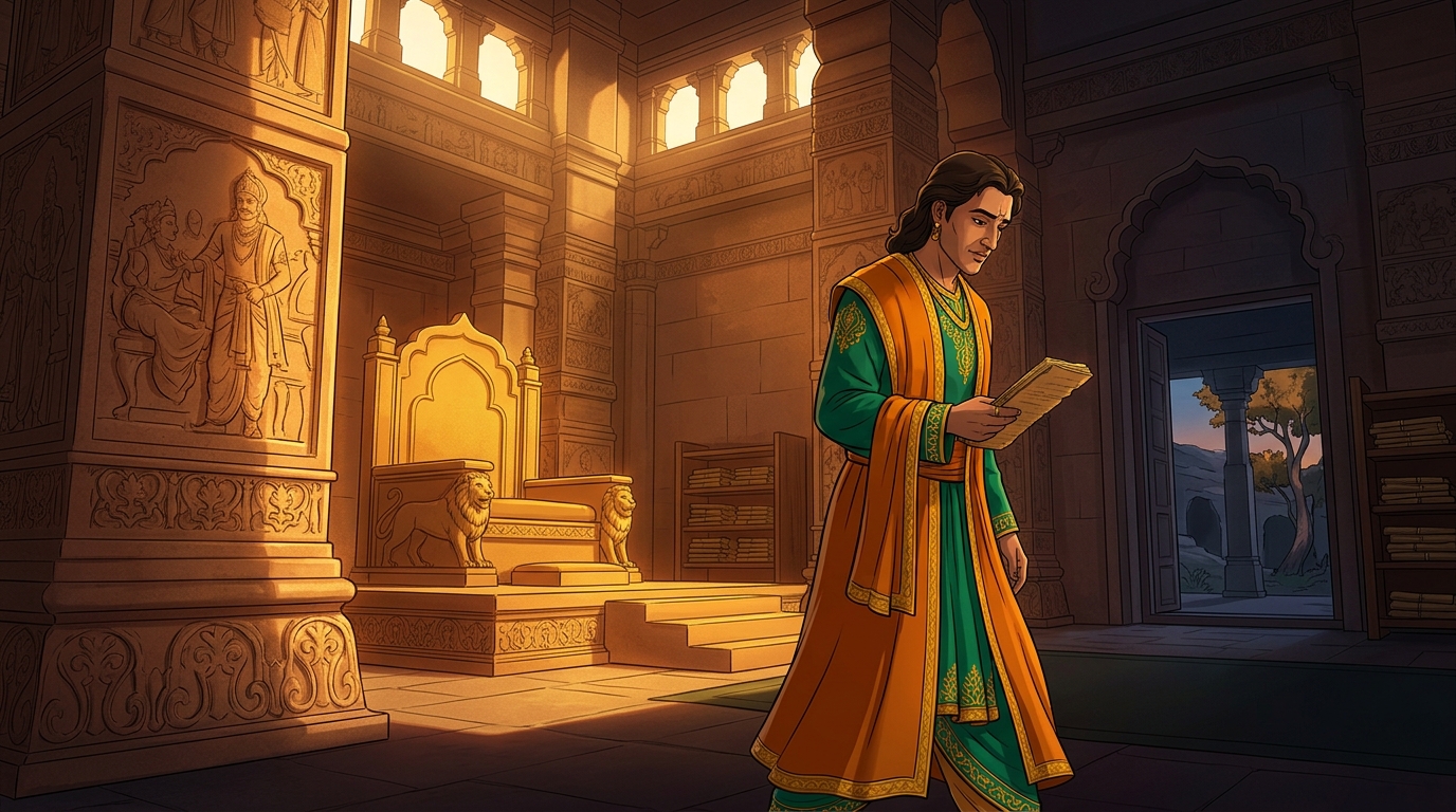 King Bhoja departs the throne hall in quiet contemplation, inspired by Vikramaditya's wisdom