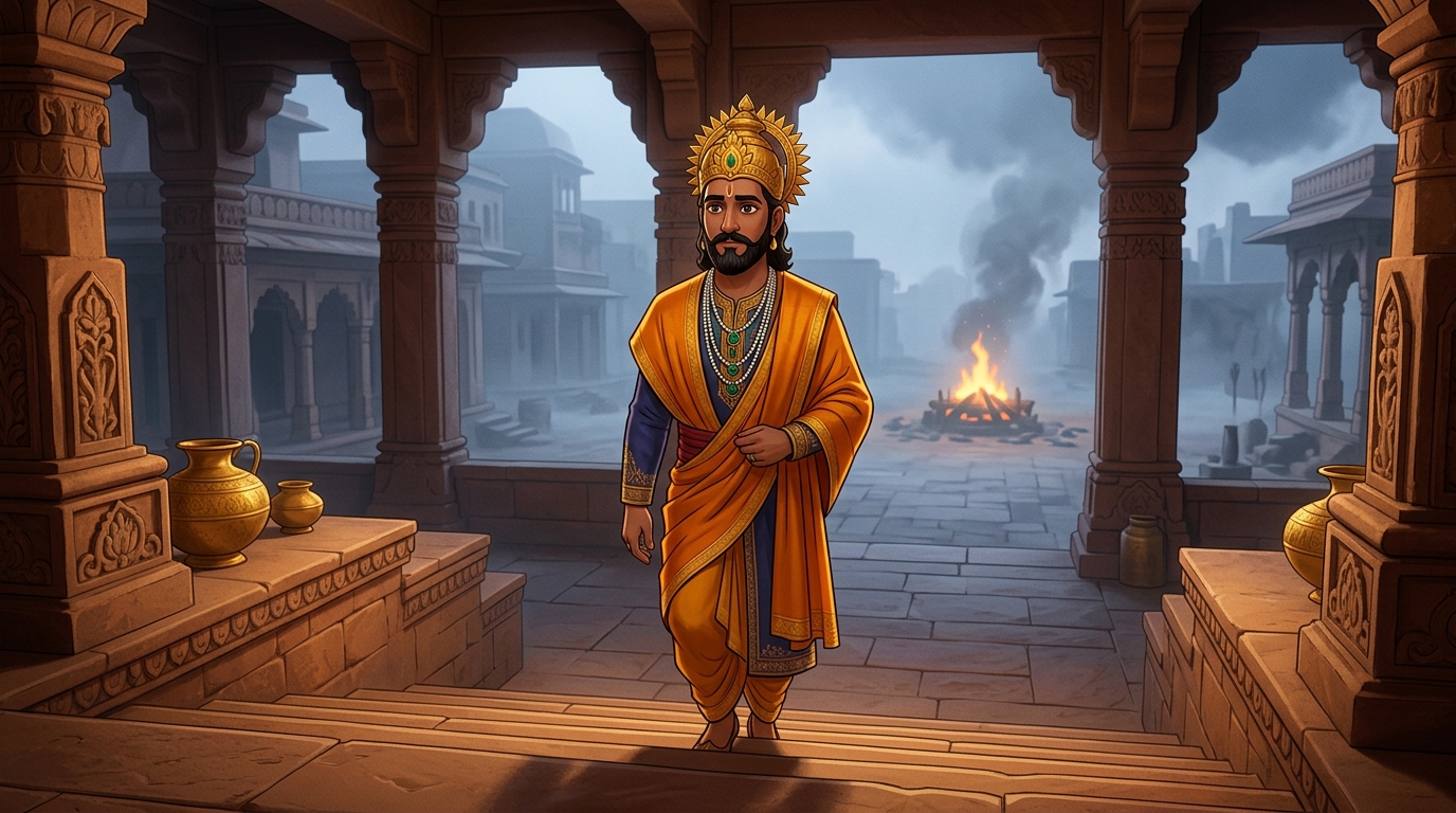 King Bhoja in sacred saffron silks approaches the eighteenth step of the throne