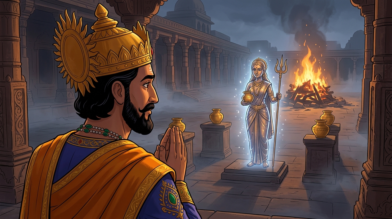 King Bhoja halts in deep reverence with folded hands, gazing at the living bronze maiden