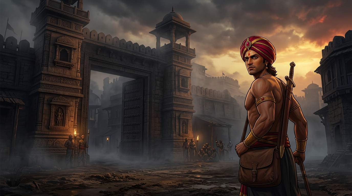 Disguised as a wandering warrior, Vikramaditya arrives outside the gloomy city gates of Chandravati
