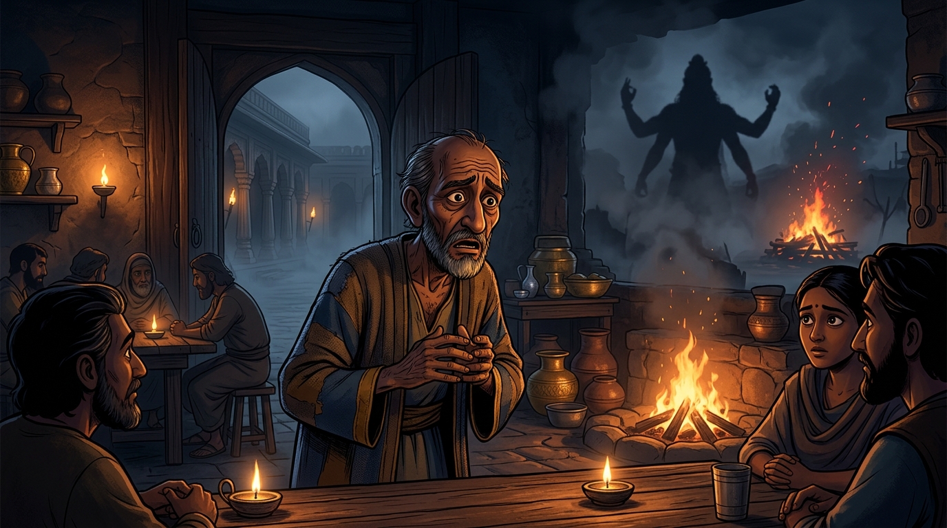 Inside a dimly lit tavern, an aged innkeeper explains the curse of the four-armed demon
