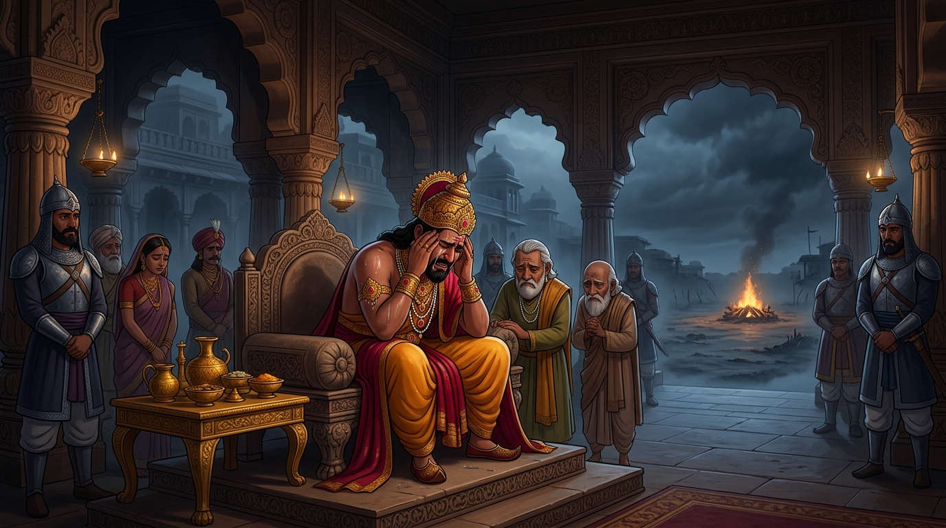The local King of Chandravati weeps in his court, having no warrior capable of standing vigil