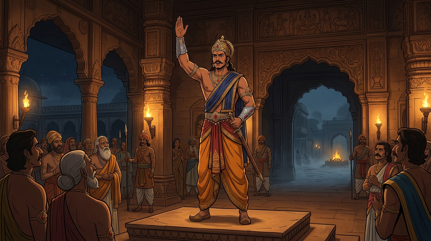Vikramaditya stands up in the royal court, proclaiming: 'No youth shall perish while a Kshatriya lives!'