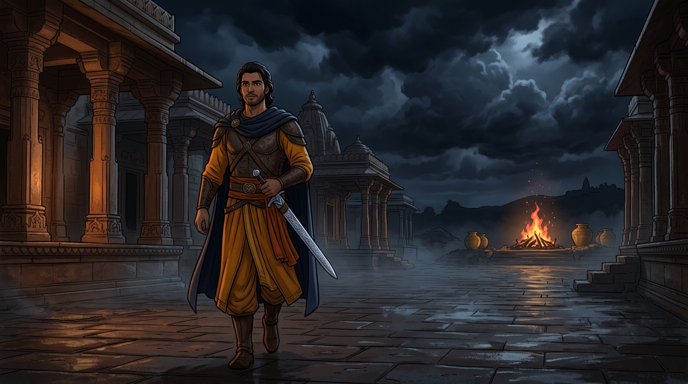 Under pitch-black storm clouds, Vikramaditya walks calmly toward the distant cremation ground