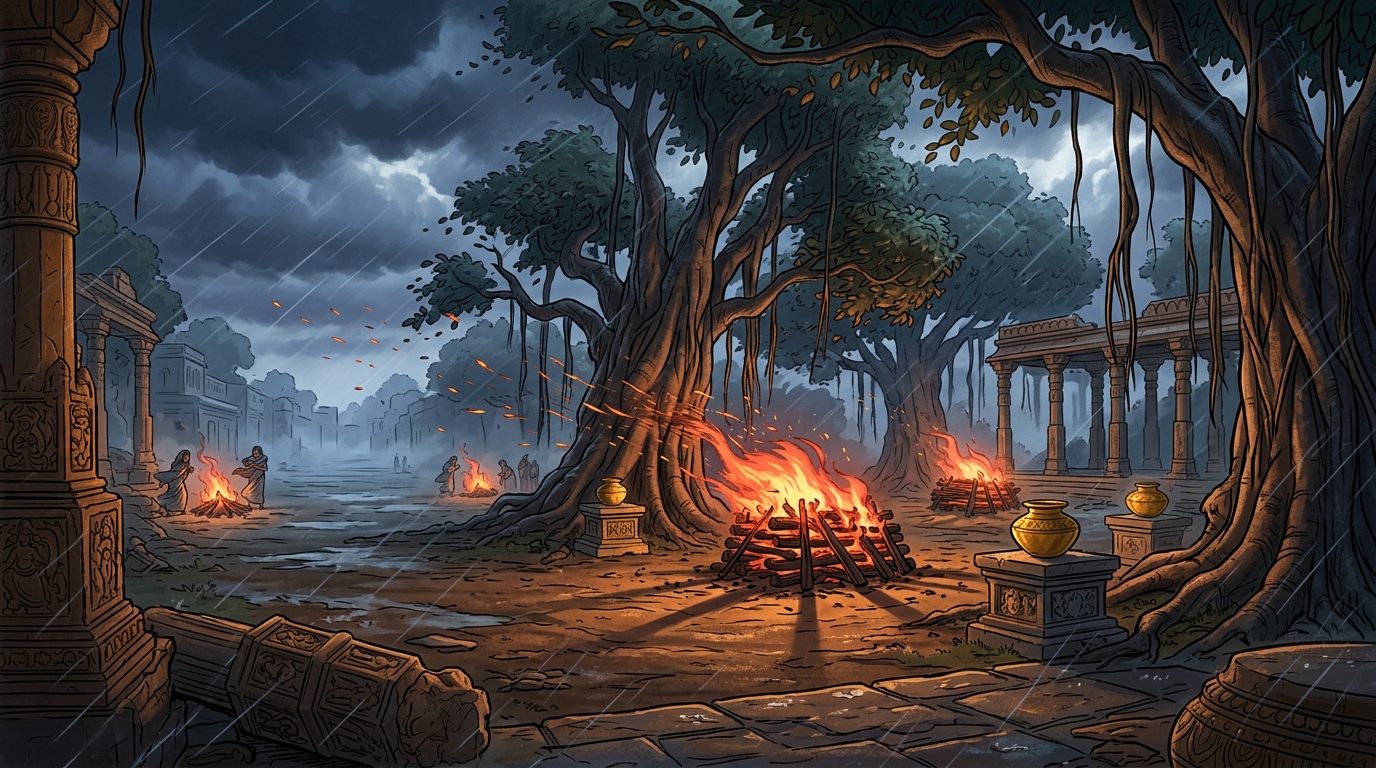 A desolate cremation ground surrounded by ancient banyan trees, violent monsoon winds whipping rain