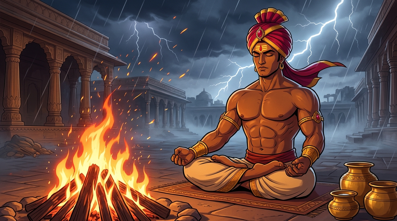 Vikramaditya sits in deep yogic meditation beside a crackling pyre