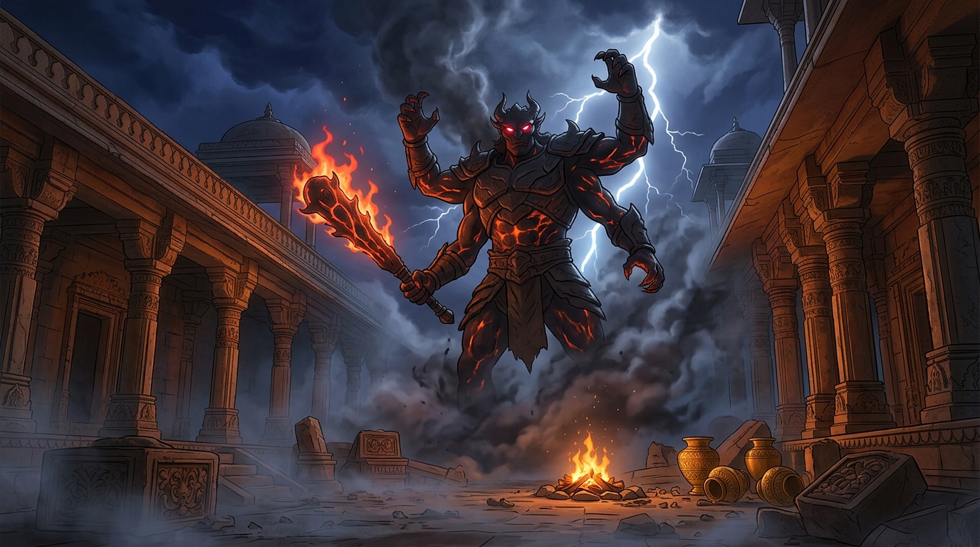 Thunder splits the sky; a towering four-armed shadow demon emerges from the smoke