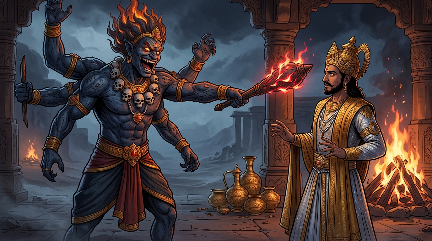 The terrifying demon laughs, pointing his fiery club at the King