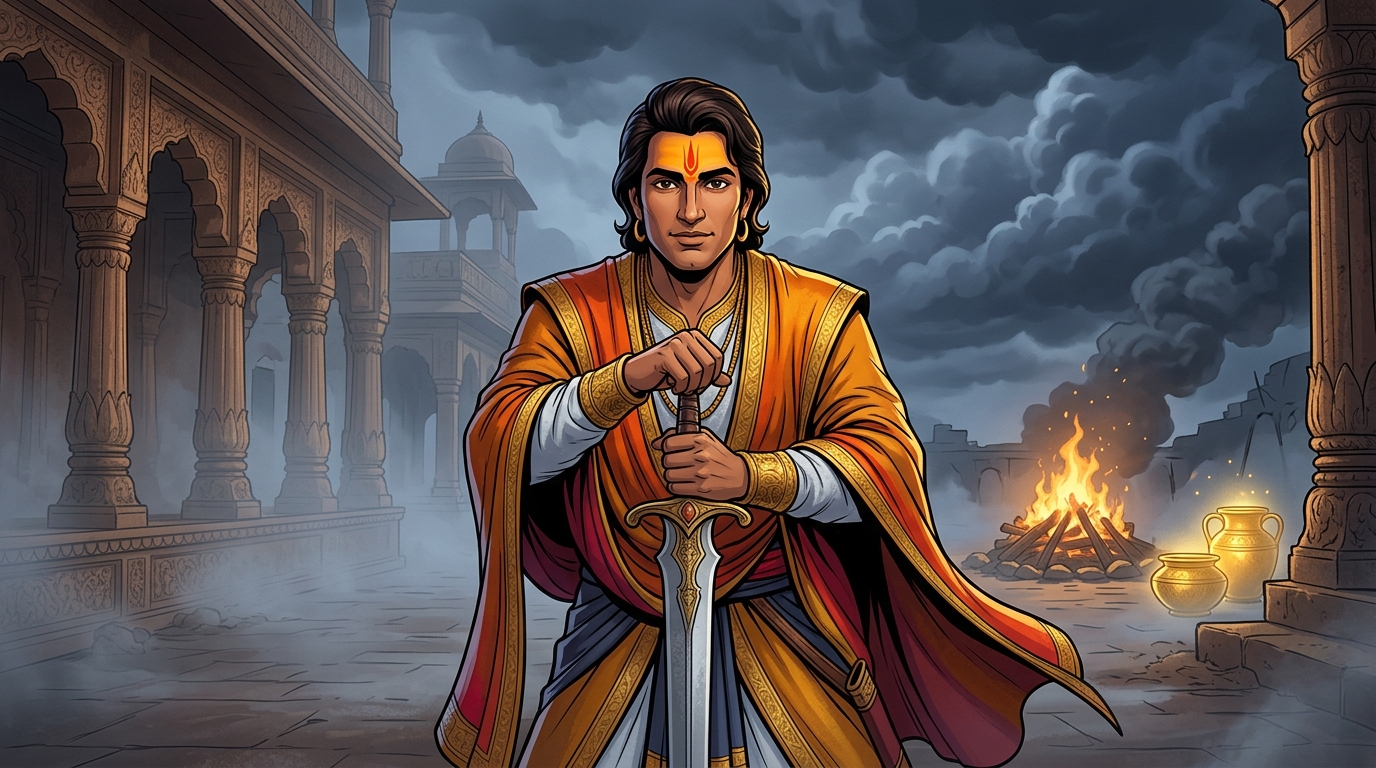 Vikramaditya rises slowly, leaning on his sword with serene unshakeable composure