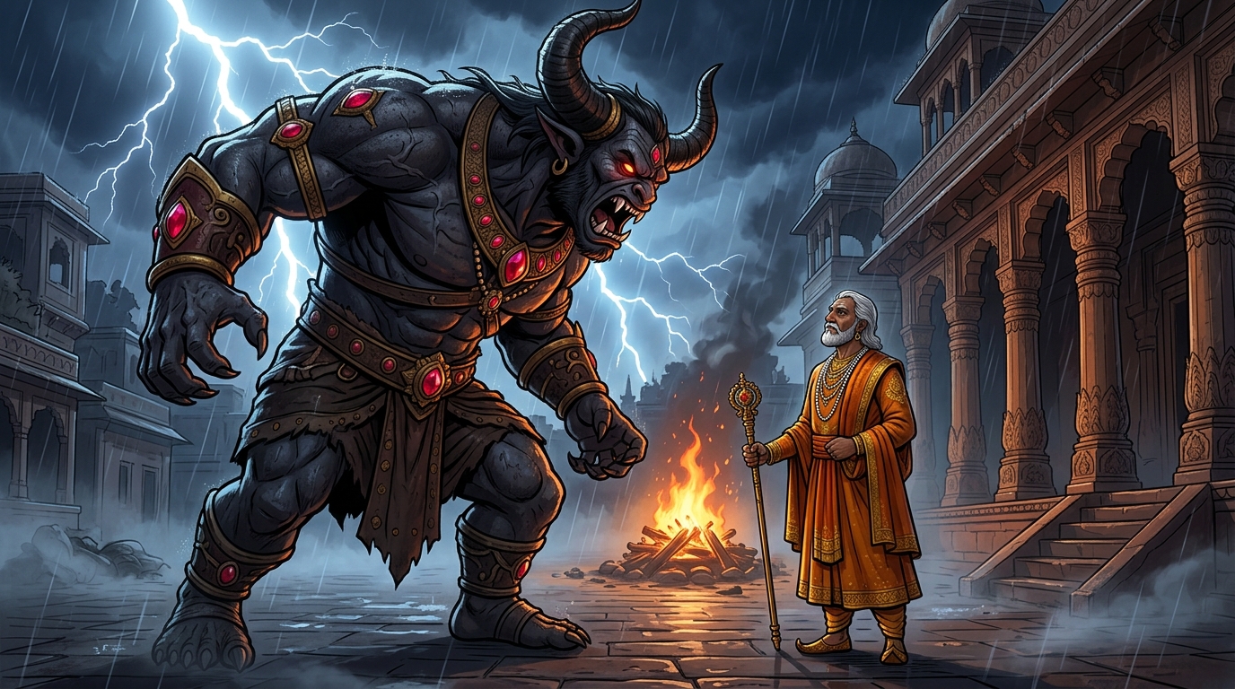 The massive demon towers over the calm mortal Emperor amidst flashing lightning