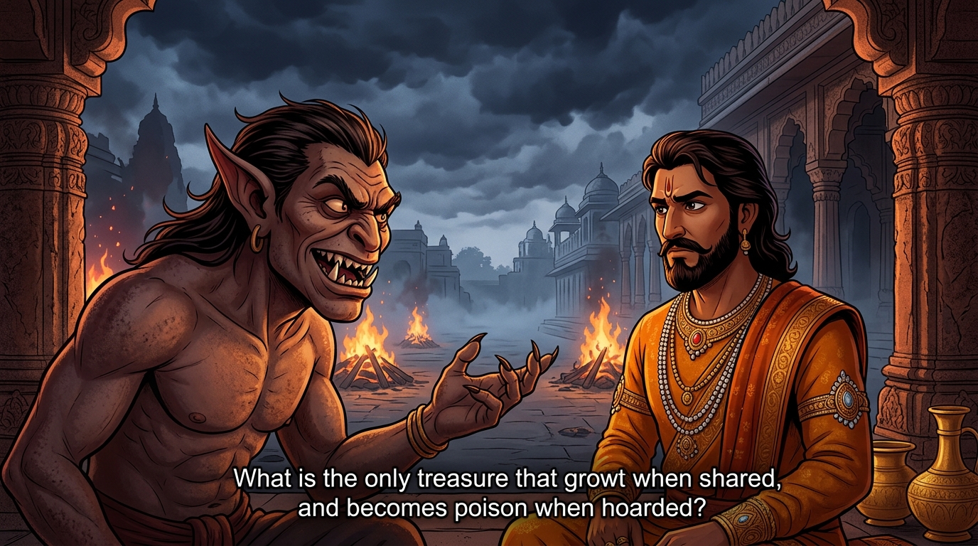 The demon asks the third riddle: 'What is the only treasure that grows when shared?'