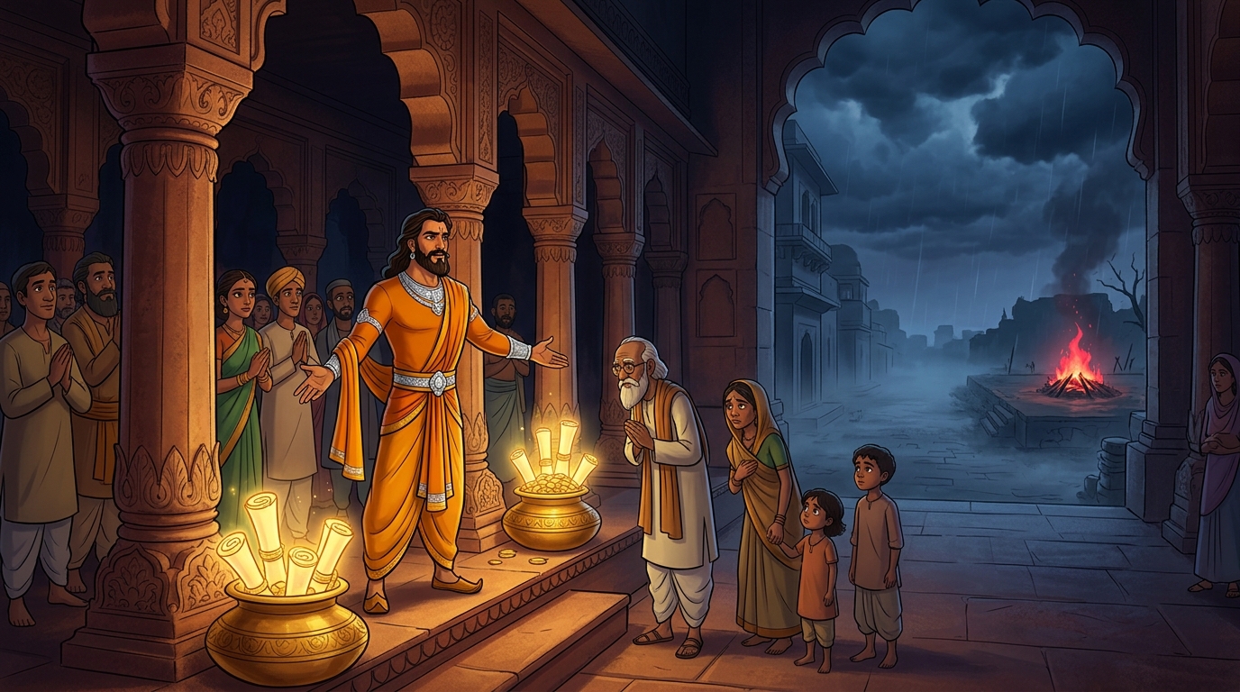 Vikramaditya proclaims: 'Sacred wisdom and selfless charity (Vidya & Dana)!'