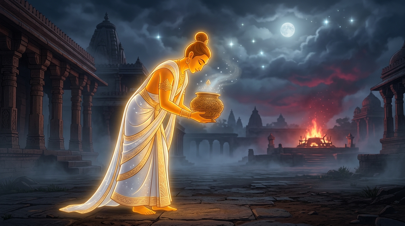 The ancient demonic curse shatters; the demon transforms into a celestial Yaksha