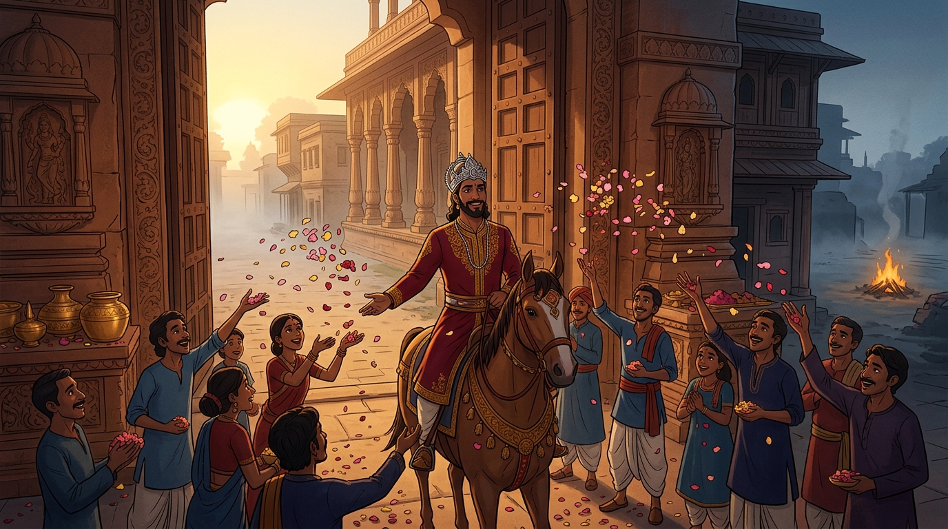 At sunrise, the gates of Chandravati swing open; joyful citizens shower flower petals