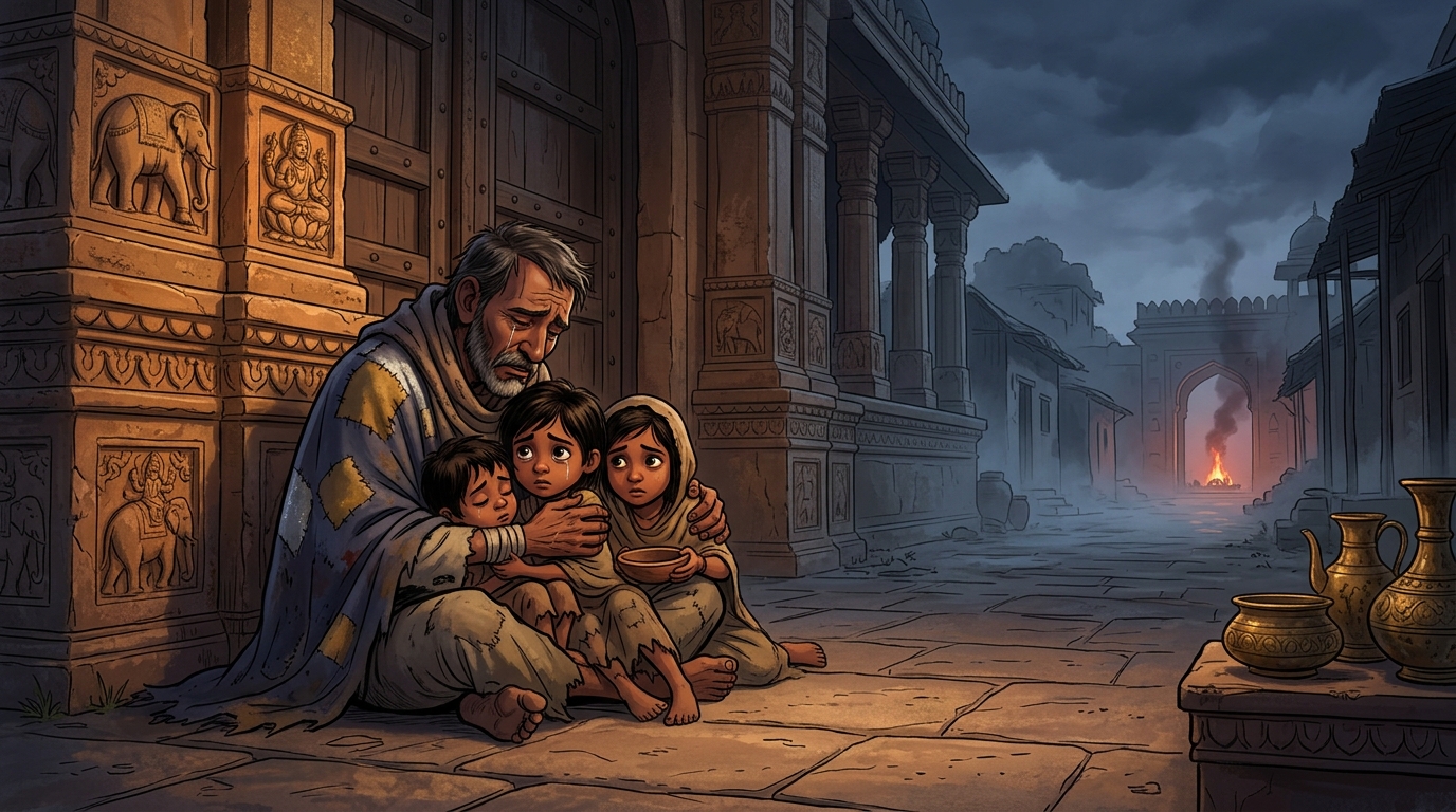 Outside the gates, a destitute shivering beggar with three starving orphan children weeps