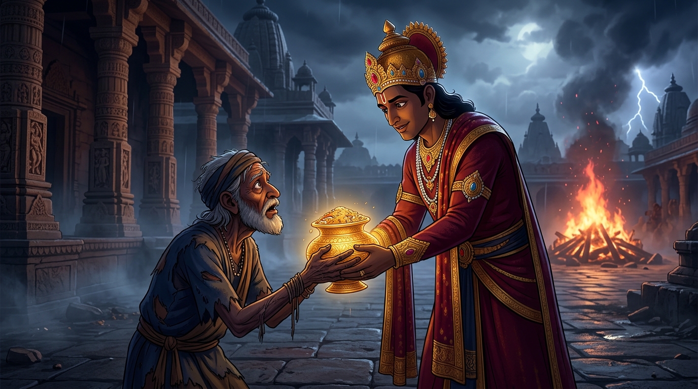 Without hesitation, Vikramaditya hands the Inexhaustible Golden Vessel into the beggar's hands