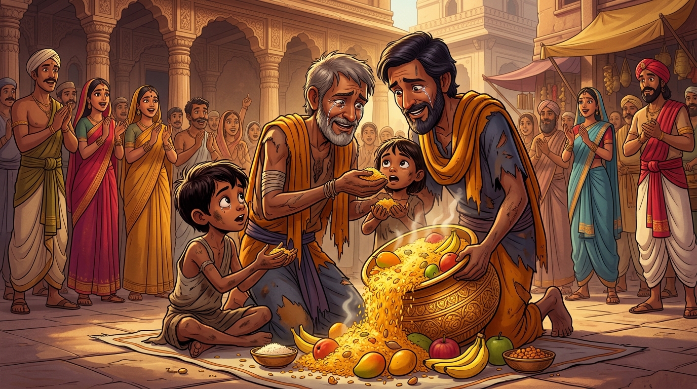 The weeping beggar feeds his starving children as golden rice overflows from the vessel