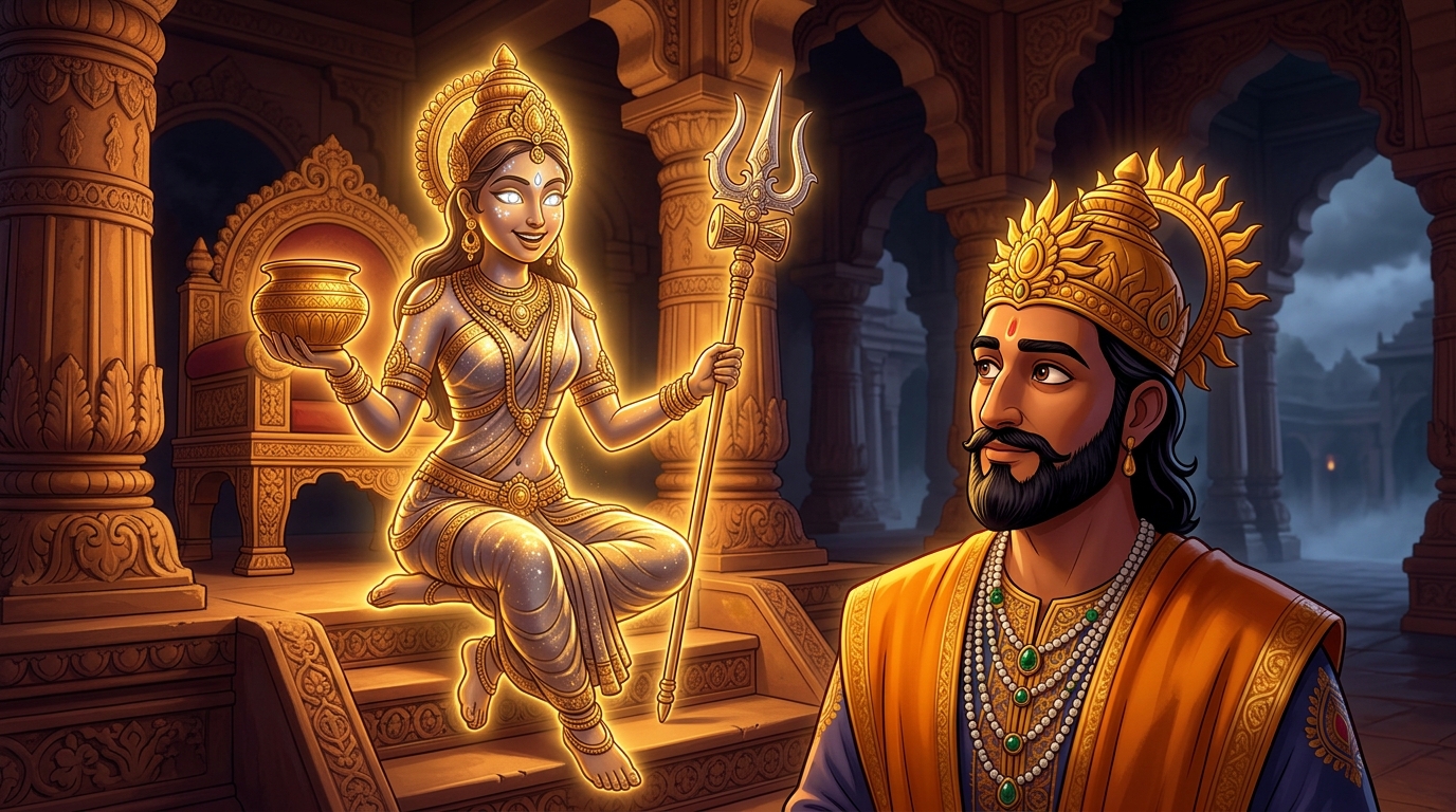 Back in Dharanagari palace, Taravati looks directly at King Bhoja with diamond-starlight eyes