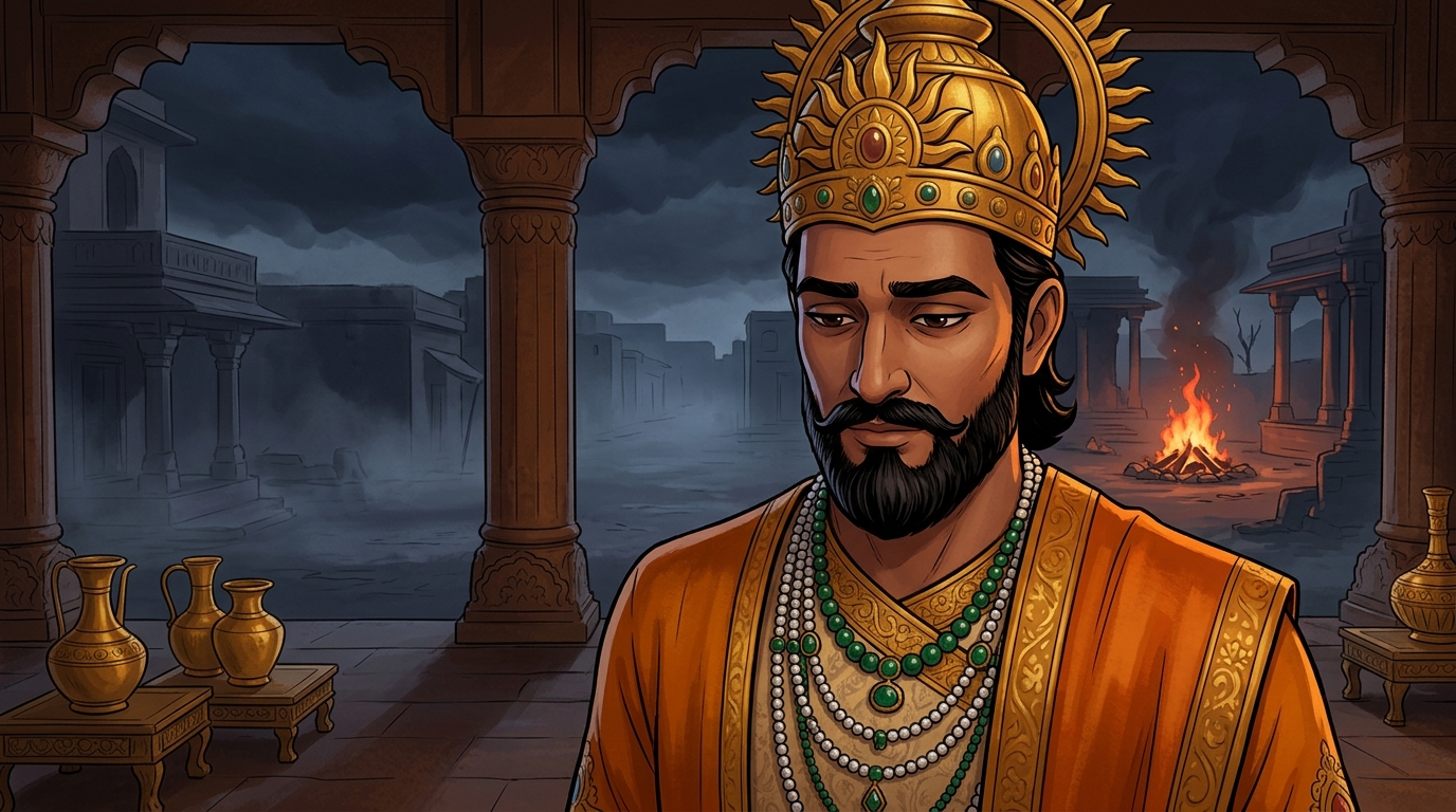 King Bhoja lowers his head in deep humility and introspection, acknowledging Vikramaditya's courage