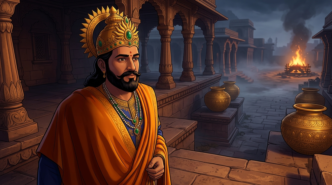 King Bhoja steps down from the eighteenth step, ordering nocturnal safety squads established