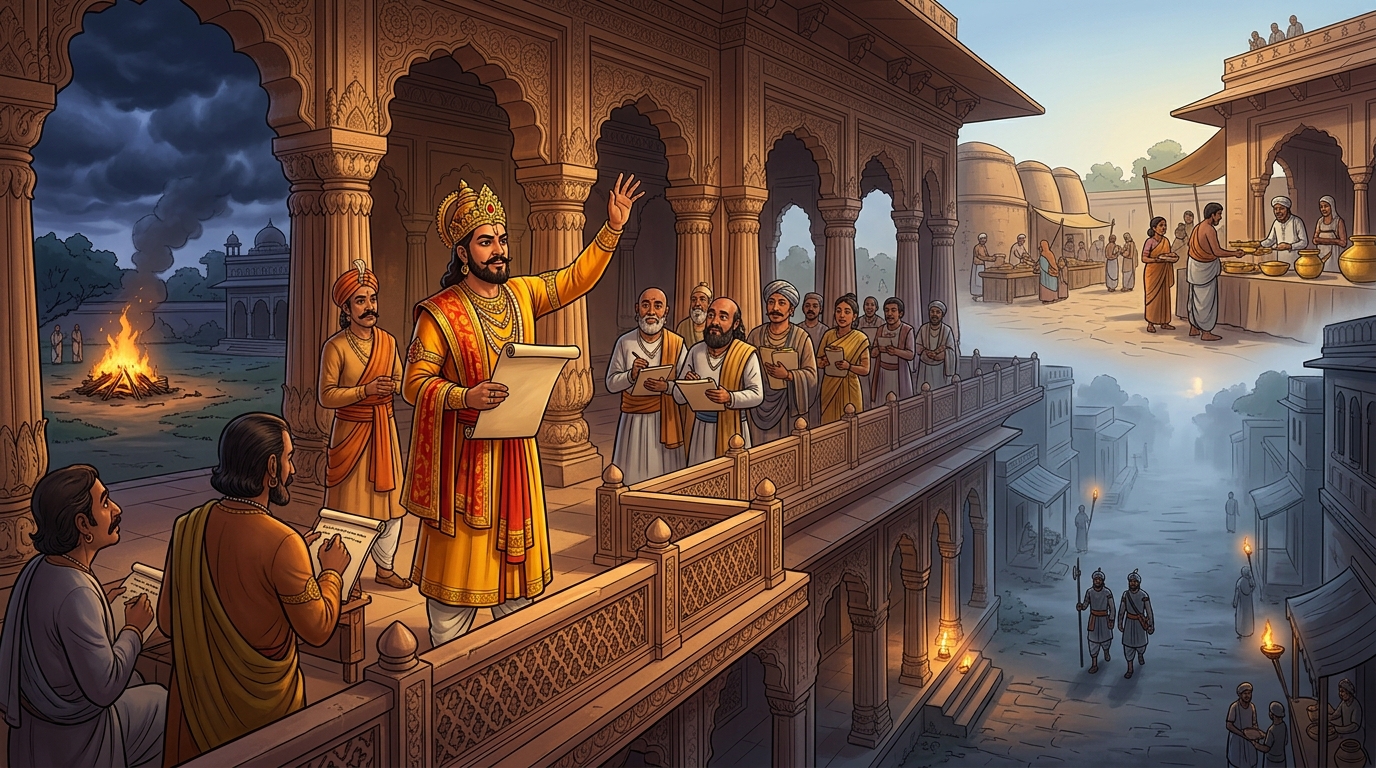 King Bhoja issues royal proclamations establishing public charity kitchens