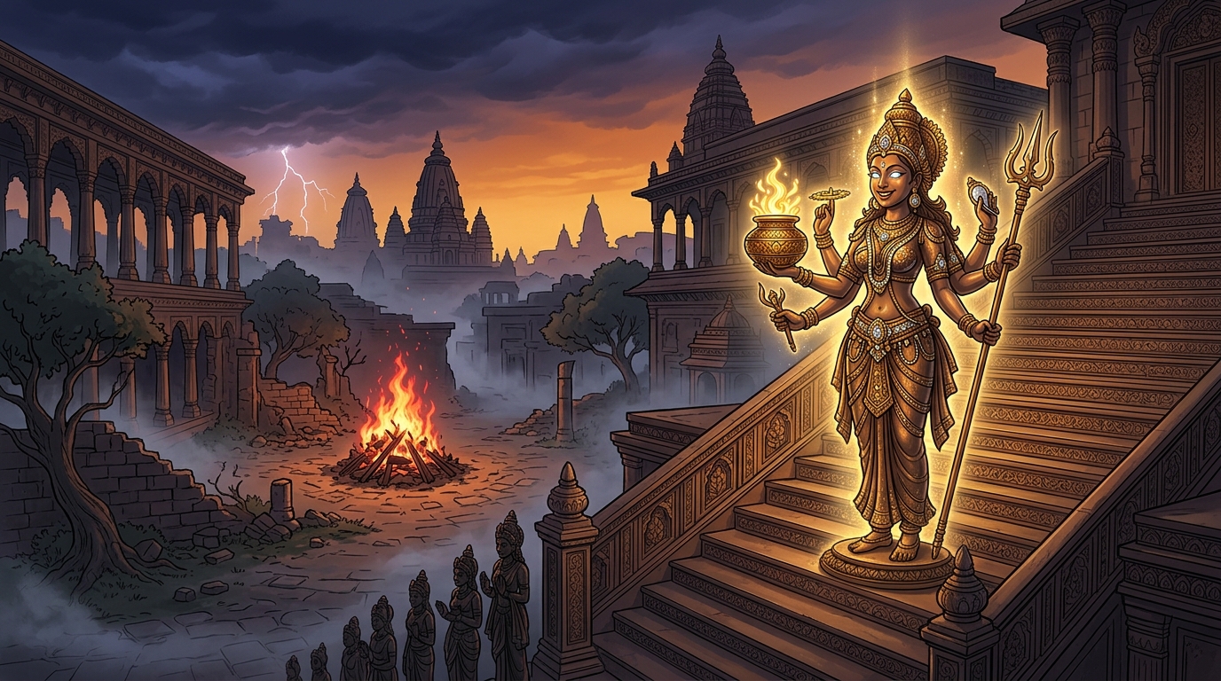 Twilight conches echo across Dharanagari as Taravati smiles and freezes back into silent bronze