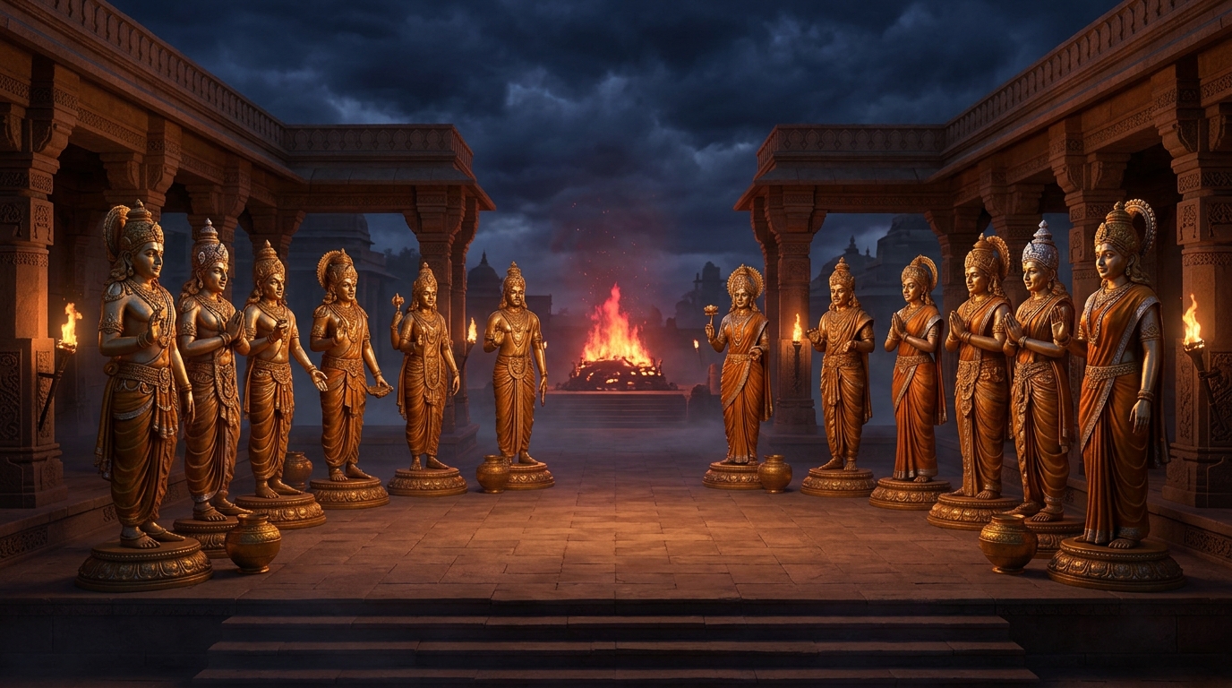 The remaining fourteen celestial statues gleam in the evening torchlight