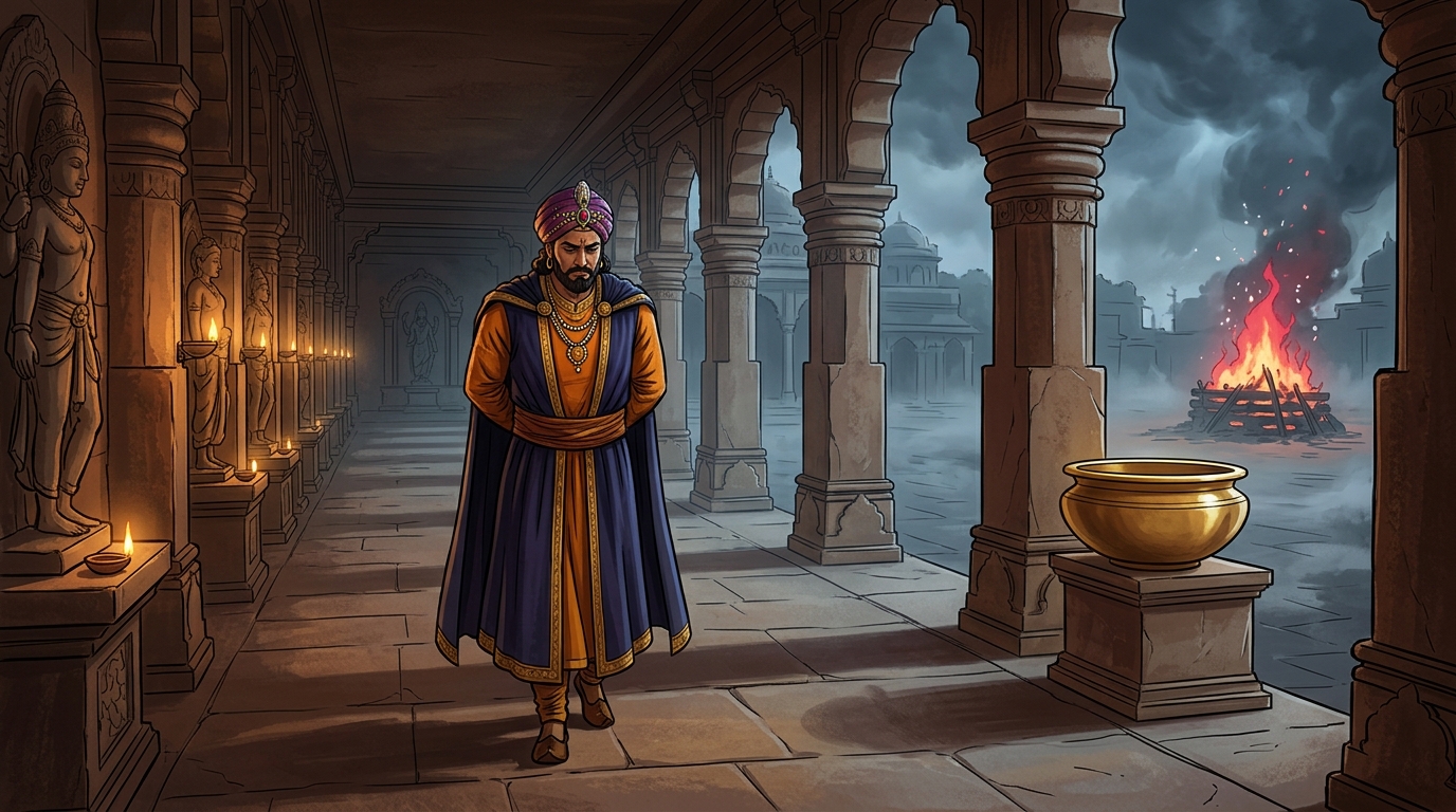 King Bhoja departs the throne hall in quiet contemplation, inspired by Vikramaditya's courage