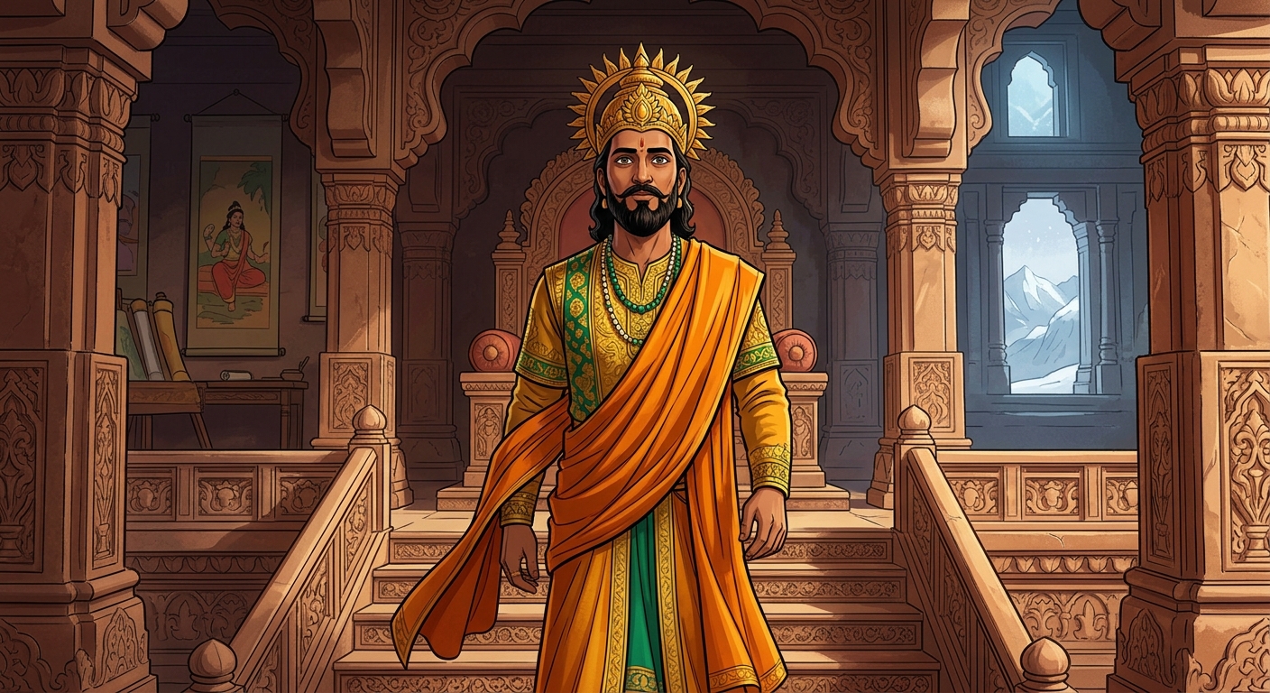 King Bhoja in sacred saffron silks approaches the nineteenth step of the throne