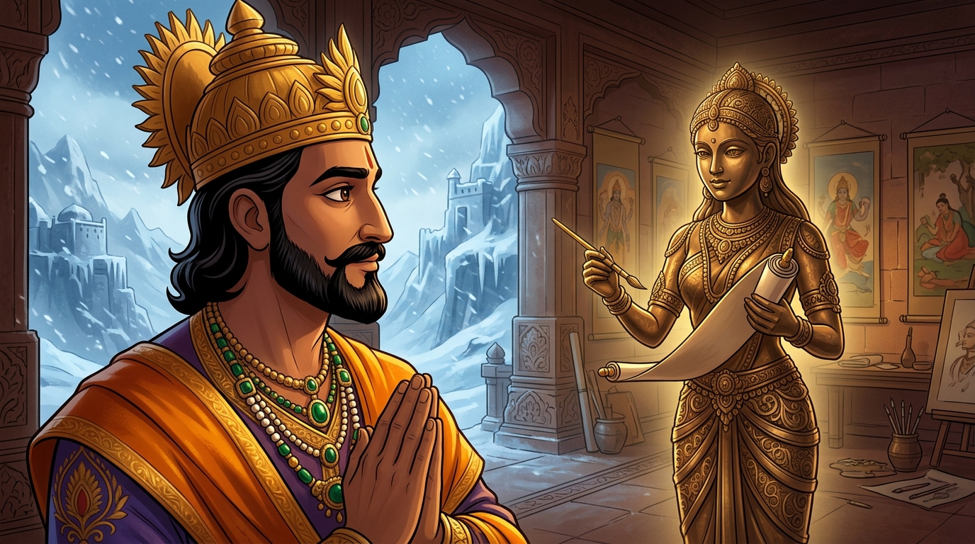 King Bhoja halts in deep reverence with folded hands, gazing at the living bronze maiden